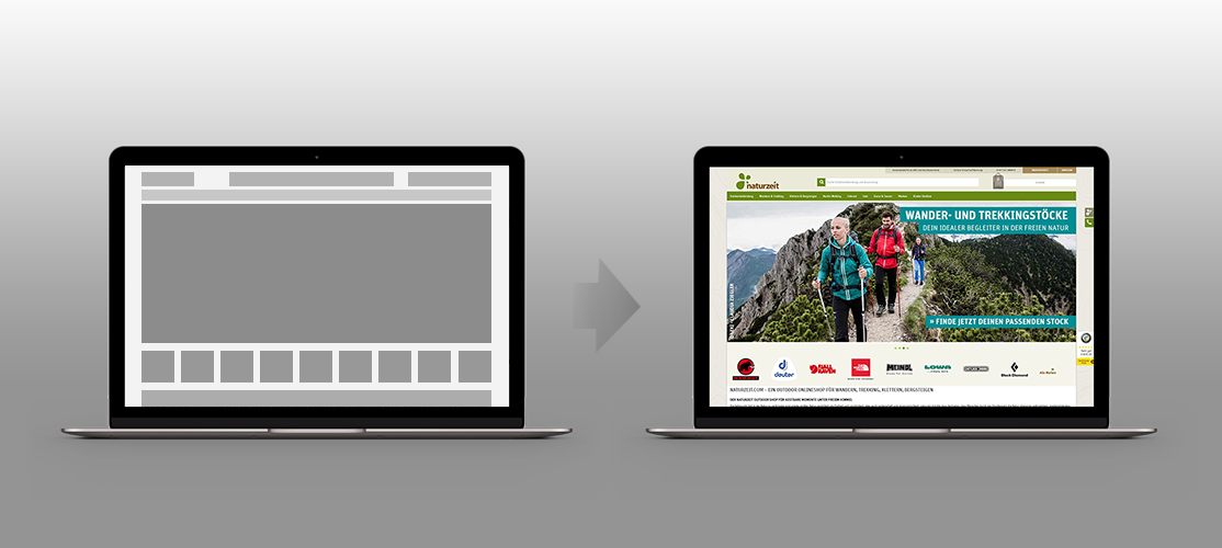 shop-design-teaser Shop-Design – Infografik, Wireframe links, fertige Webseite rechts