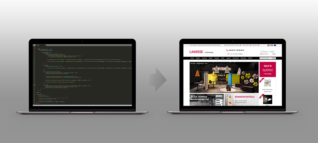 Programmierung Infografik – Programmcode links, fertige Webseite rechts
