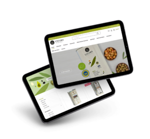 Zwei Tablets schweben vor grauem Hintergrund. Auf den Tablets ist die Edesma-Website abgebildet.