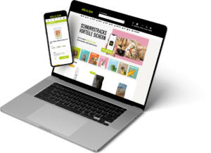 Das Bild zeigt Mockups von einem Laptop und einem Smartphone. Die Bildschirme bilden den Online-Shop von Kölle Zoo ab.